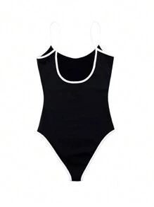 INAWLY Color Block Ladies' Sleeveless Bodysuit With Letter Print And Decorative Border, Summer