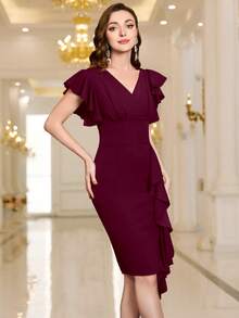 MIUSOL Butterfly Sleeve Ruffle Trim Zip Back Draped Cocktail Bodycon Dress - Burgundy - View 7
