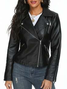 Jaqueta de Motocicleta de Couro PU Versátil e da Moda com Zíper no Colarinho