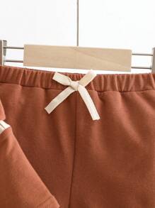 Cozy Pixies Baby Boy's Color Block Short Sleeve Hooded Pullover And Casual Shorts Set With Front Pocket - Apricot - View 5