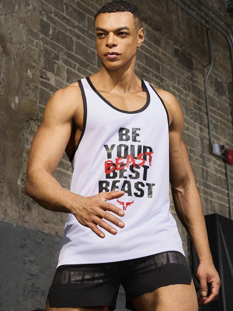 Gym Rark Boyfriend Style Men's Simple Printed Sleeveless Sports Top - White - View 1