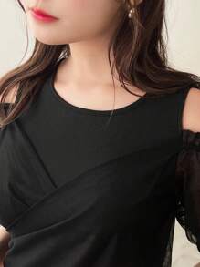 FRIFUL Women's Solid Color Open Shoulder Mesh Splice Wrap T-Shirt, Summer - Black - View 7