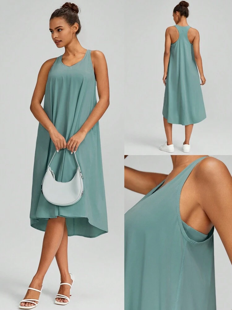 フェザーフィット™️ -エアー・ビタルスウィフト調整可能なレーサーバックポケット付きアンチスリップ超軽量バケーションドレス、内蔵ショーツ付き、軽いサポートのあるローインパクトのデイリーカジュアルラウンジスプリングドレス、サマードレス