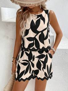 Calvaya Sleeveless Spliced Lace Hem Top And Shorts Set, Summer - Black - View 3