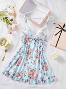 Women's Bowknot Decorated Floral Print Sexy Camisole Pajama Night Dress Bow Tie