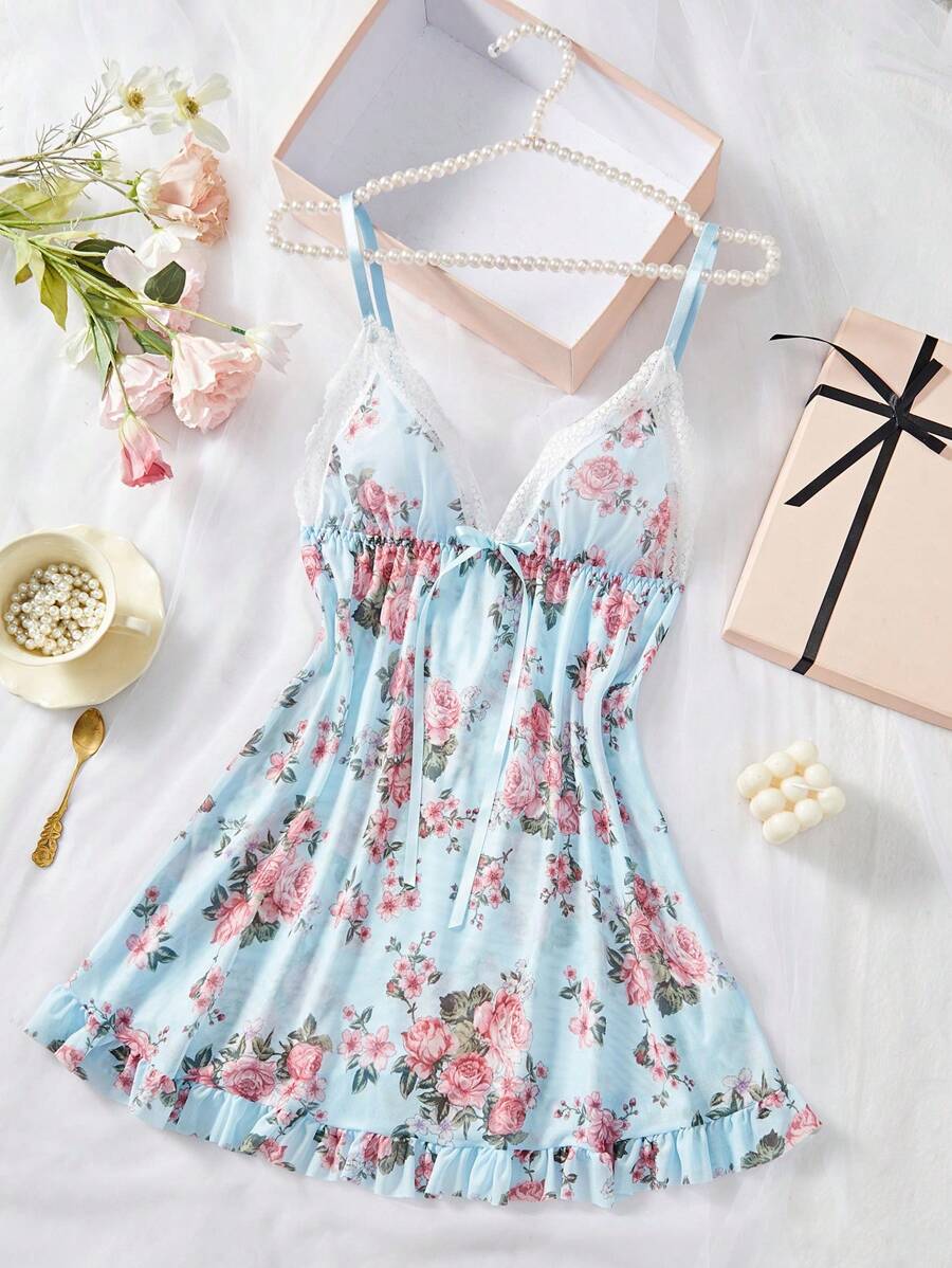 Women's Bowknot Decorated Floral Print Sexy Camisole Pajama Night Dress Bow Tie