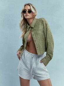 MISSGUIDED 褶皱纹理短款纽扣衬衫，长袖翻领鼠尾草绿衬衫，非常适合圣帕特里克节爱尔兰节日派对庆祝活动、春季节日装扮和圣诞节穿着。 - 綠色 - 查看 1