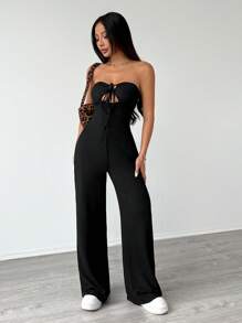 Flirla Solid Color Summer Sexy Tube Top Y2K Texture Fabric Casual Jumpsuit - Black - View 6