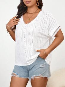 SHEIN Frenchy Spring/Summer Casual Texture V-Neck Lace-Up Plus Size T-Shirt