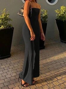 INAWLY Ladies' Plain And Simple Strapless Jumpsuit For Daily Wear - Dark Grey - View 3