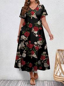 EMERY ROSE Plus Size Rose Flower Printed Slim Fit Women Dress For Summer - Black - View 3