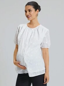 MaterniChic Camisa de maternidad elegante para trabajar y madura con cuello redondo y manga corta con botonadura frontal