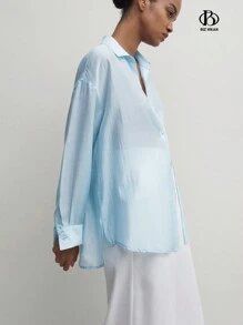 BizChic Áo Sơ Mi Nữ Dài Tay Màu Xanh Có Cổ, Áo Sơ Mi Chống Nắng Sheer - Màu xanh lam - Xem 2