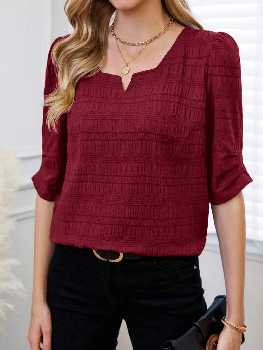 EMERY ROSE 女士純色凹口領休閒半袖襯衫 - 酒紅色 - 查看 1