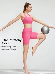 GLOWMODE Conjunto de sostén deportivo FeatherFit™ y shorts de 8'' con parte superior de tanque con cintas en la espalda y shorts de bicicleta de cintura alta con bolsillos laterales para yoga de bajo impacto, correr diariamente, entrenamiento en el gimnasio, verano