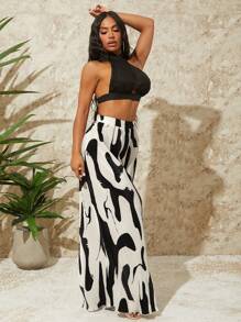 SHEIN SXY Wysoka talia Abstrakcyjny nadruk Plisowane szerokie nogawki Bardzo długie spodnie palazzo Wakacje Seksowne Lato Wakacje na plaży Boho Kobiety Strój Duma Ubrania Western Wear Strój urodzinowy Wieczór panieński Koncert Klub Przyjęcie z okazji ukończenia szkoły Biały