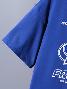 SHEIN Conjunto de camiseta de manga corta de ajuste holgado y ropa deportiva casual para niños preadolescentes con impresión de letras y pantalones cortos de punto en unicolor - azul real - Ver 4
