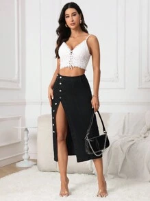 SHEIN Tall Women's Solid Color Simple Style Daily Wear Denim Skirt With Side Slit - Black - View 6