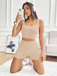 SHEIN EZwear Apricot Knitted Women's Tight-Fitting Casual Suit