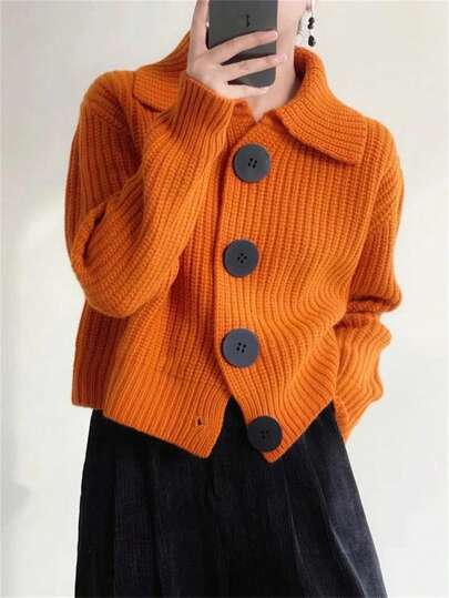 Knitted Cardigan Sweater With Collar And Buttons, Autumn/Winter