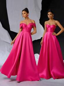 Glamrae Elegant Luxurious Satin Off Shoulder Bow Collar, Small V-Neck Waist Pintuck Thigh-High Slit Back Tie Formal Gown For Party, Wedding, Graduation - Hot Pink - View 8