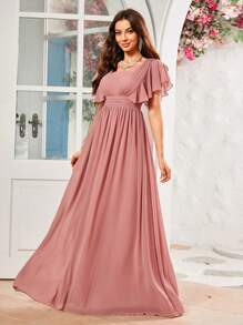 Vestidos De Dama De Honor Con Cuello Corazón Y Mangas Con Volantes De Tela De Gasa - Rosa - Ver 1