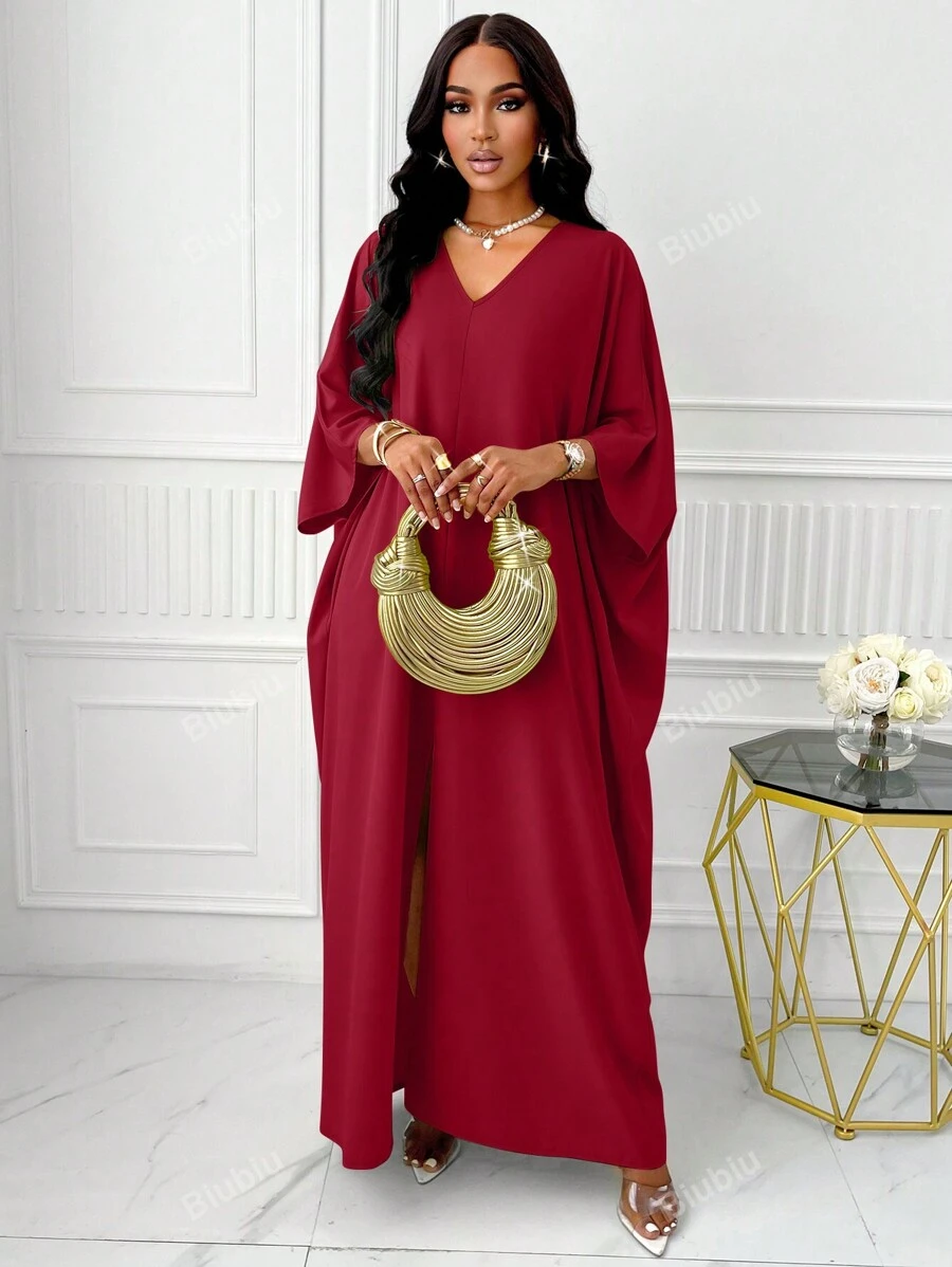 BIUBIU Plus Size V Neck Batwing Sleeve Split Thigh Dress
