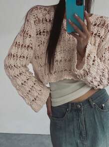 DAZY Damen Einfarbig Einfacher Alltags Langarm Durchbrochener Kurz Pullover Transparent Herbst Schule - Aprikosenfarben - Übersicht 4