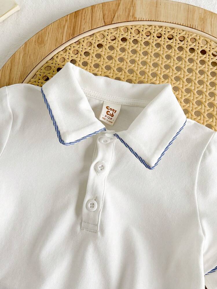 Baby Boy Contrast Collar Short Sleeve Cardigan Top & Colorful Striped Casual Shorts 2pcs/Set