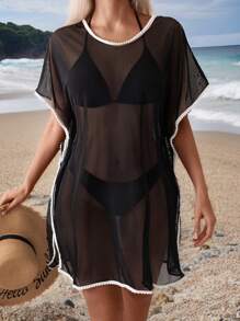 SHEIN Swim ثوب نسائي شيفون من لون واحد بسيط للاستخدام اليومي خلال الصيف - الأسود - مشاهدة 2