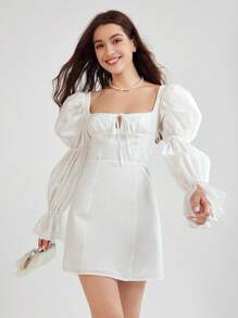 Enchnt Princess Milkmaid White French Simple Daily Lotus Sleeve Square Neck Tie Summer Vacation Mini Dress - White - View 6