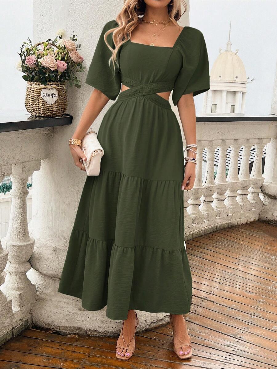 Rafferiza Ladies' Plain And Simple Short Sleeve Summer Casual Dress Maxi Women Outfit - Army Green - View 1