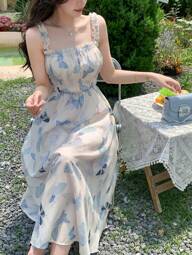 DAZY 여성용 패션 플로럴 프린트 할터넥 드레스 허리 잡은 여름 크루즈 여성 아웃핏 선드레스