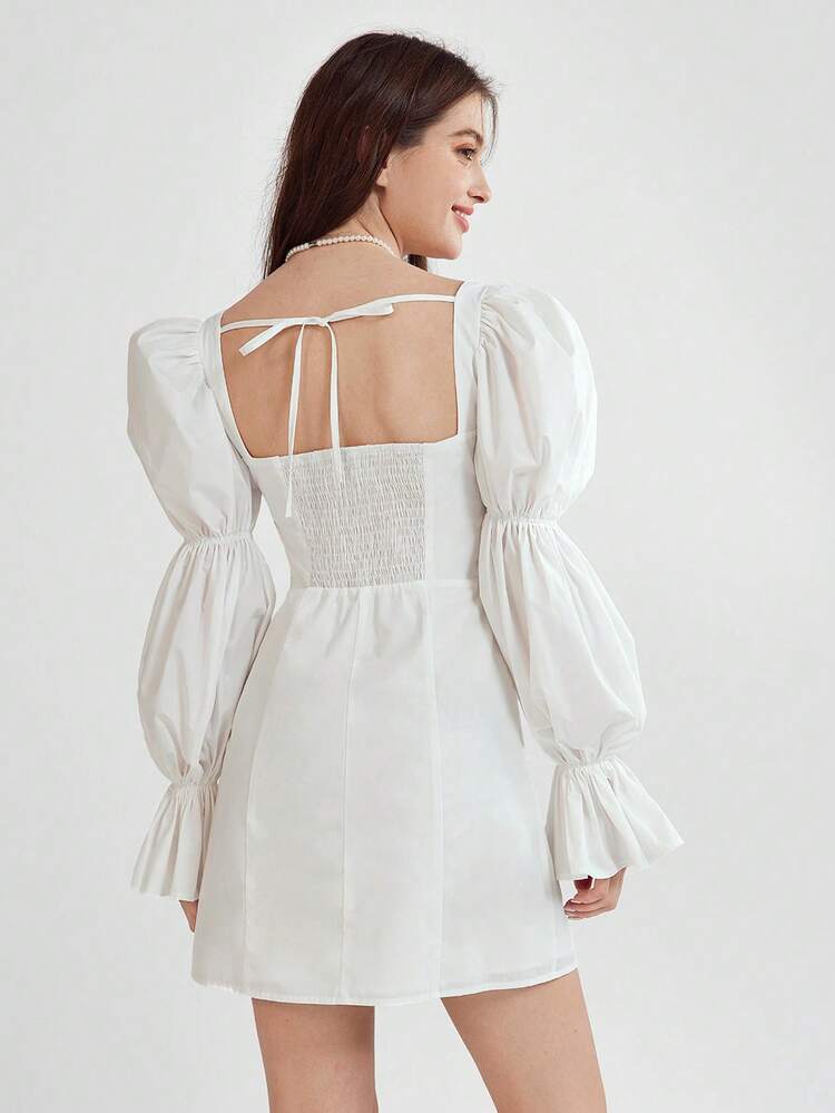 Princess Milkmaid White French Simple Daily Lotus Sleeve Square Neck Tie Summer Vacation Mini Dress