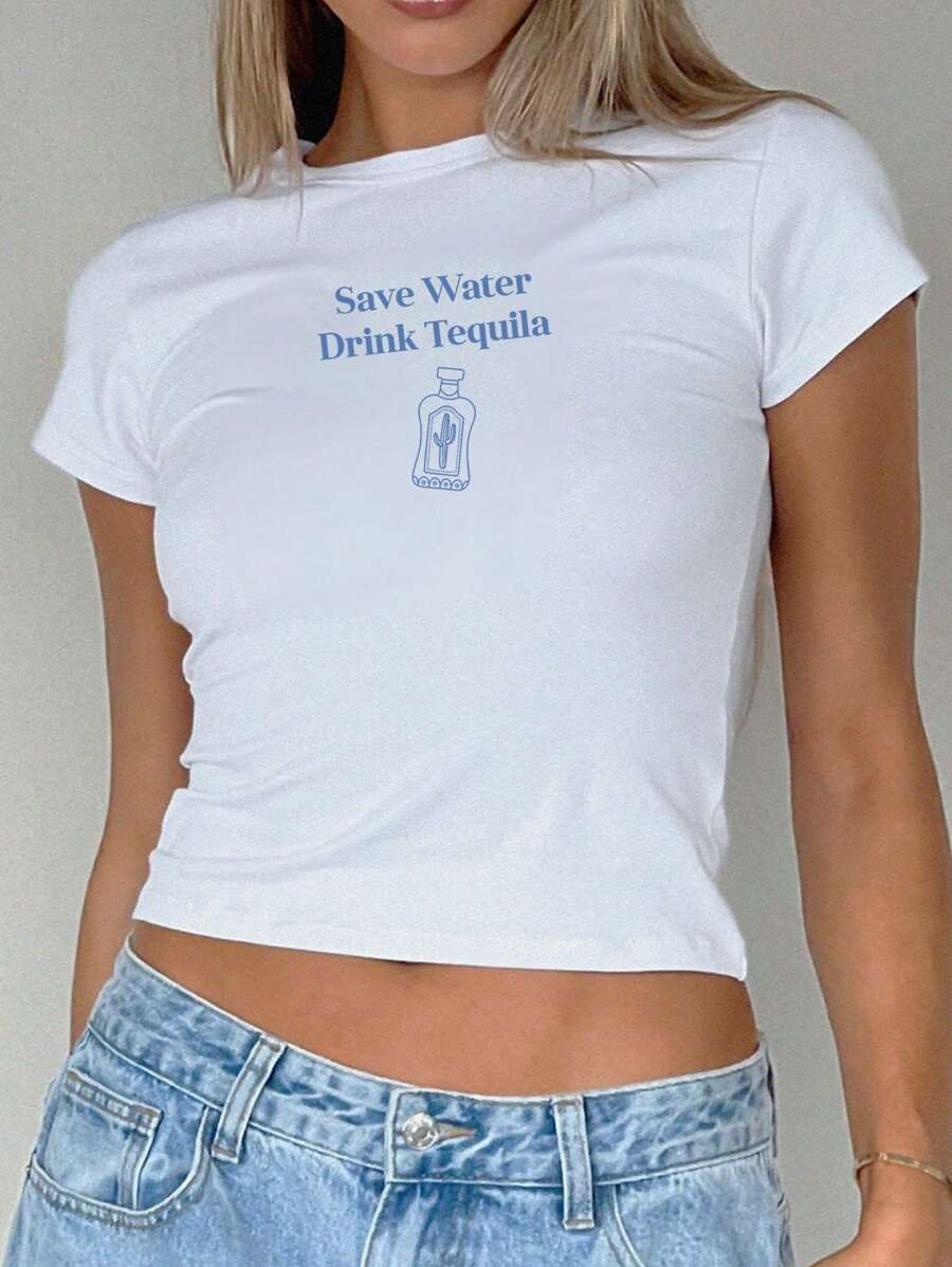 SHEIN Unity 女士龙舌兰 T 恤，龙舌兰印花短袖短款上衣，夏季图案 T 恤女士上衣 - 白色 - 查看 1