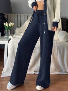 EURMUSE Colorblock Drop Shoulder Sweater Cardigan And Plain Loose-fit Wide-leg Pants Two-piece Set - Multicolor - View 7