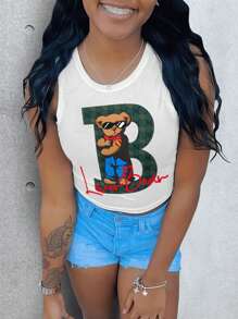 SHEIN Tank Top Wanita Musim Panas Berkerah Bulat dengan Motif Huruf dan Kartun - Putih - View 3