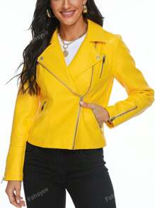 Women's Solid Color Collar Zip Design Casual Long Sleeve Jacket