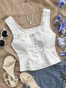 Soleia 女士度假风格无袖短款上衣，正面带纽扣，镂空刺绣面料，荷叶边下摆，蝴蝶结细节，浪漫波西米亚风格，适合海滩、音乐节、夏季 - 白色 - 查看 1
