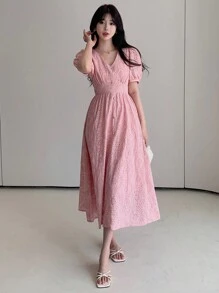 DAZY 女士夏季镂空刺绣收腰连衣裙度假装束女士长裙 - 粉色 - 查看 6