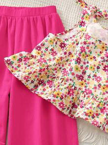 SHEIN LMoss Kids Conjunto de blusa regata floral estampada e calça casual solta para meninas LMoss