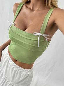 Flirla Tank Top Pendek Wanita Musim Panas dengan Hiasan Pita - Hijau - View 4