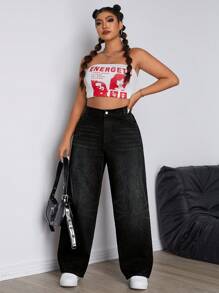 SHEIN EZwear Jeans de novio rectos informales con botones y bolsillos, de unicolor, para tallas grandes