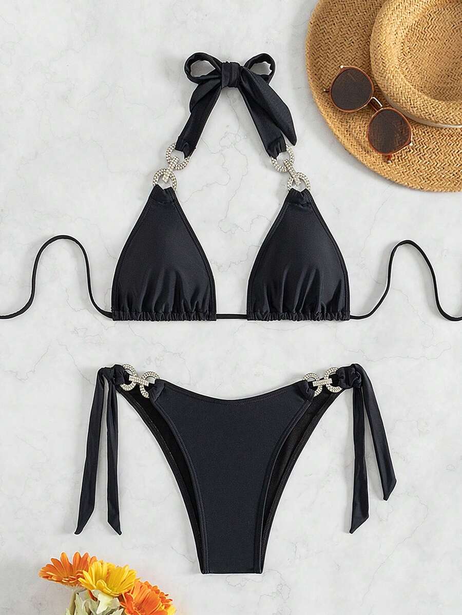 SHEIN Swim 女款純色露背領結性感比基尼套裝，夏季沙灘必備