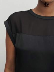 BizChic Women's Summer Solid Color Round Neck Mesh Contrast Batwing Short Sleeve Loose Shirt