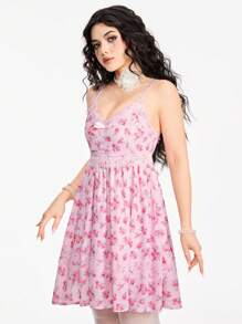 Fairycore Vestido de jardín de mujer con ribete de encaje floral - Rosa - Ver 6