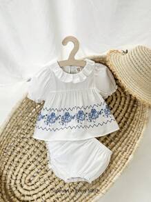 Cozy Pixies Baby Girl Floral Pattern Peter Pan Collar Ruffle Puff Sleeve Pullover Top & Bloomer Shorts Set - White - View 7