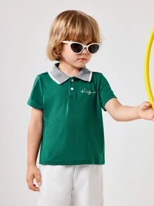 SHEIN 绿色拼布“Young Boy”刺绣 Polo 衫，春夏季短袖休闲装 - 綠色 - 查看 13