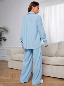 SHEIN EZwear 藍色編織襯衫和闊腿褲，休閑女裝套裝 - 藍色 - 查看 2