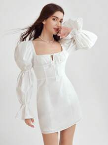 Enchnt Princess Milkmaid White French Simple Daily Lotus Sleeve Square Neck Tie Summer Vacation Mini Dress - White - View 7